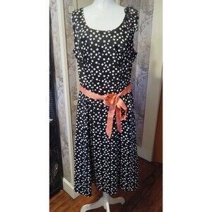 Robbie Bee Sleeveless Black/White Polka Dot with Peach Ribbon Tie Dress Size 12